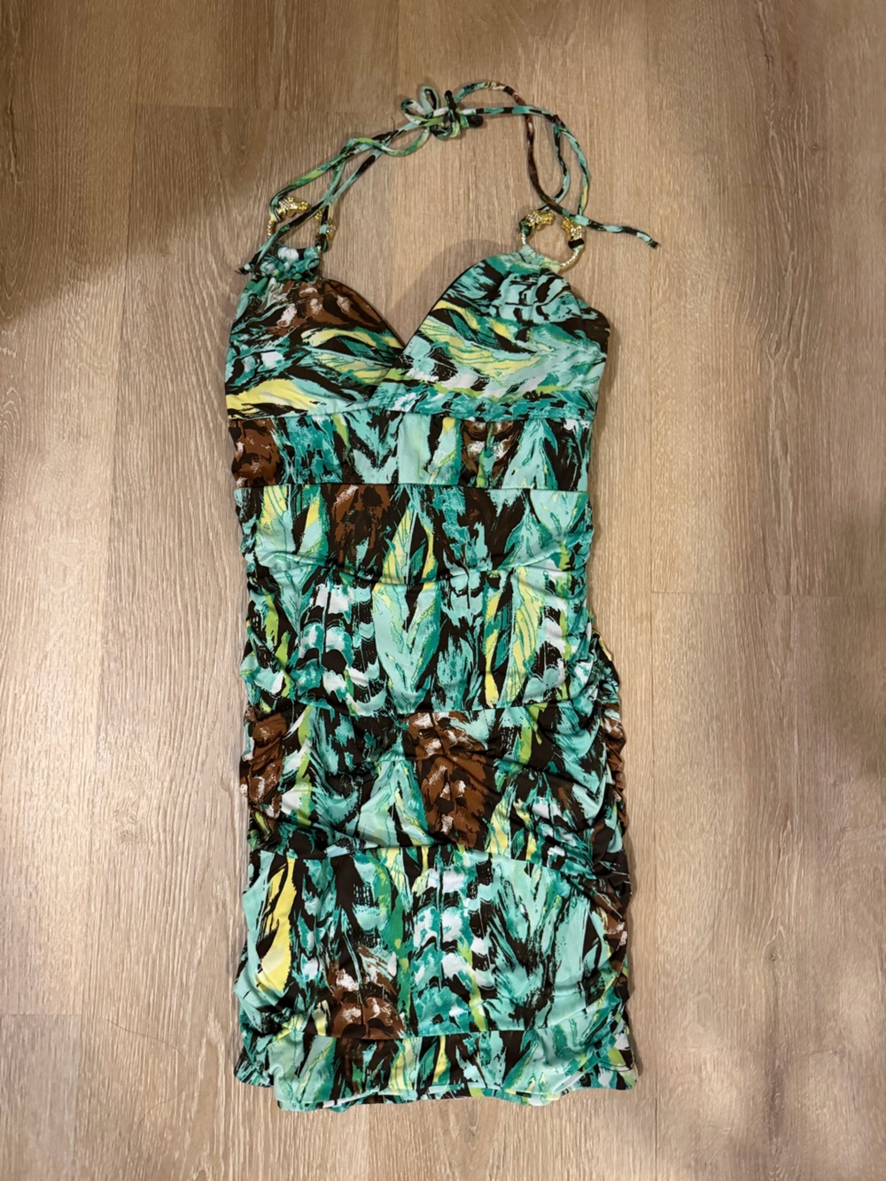 XOXO Green Teal Brown Tropical Halter Dress